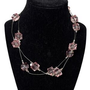 Pink Crystal Beaded Necklace Silver Tone Wire 16” + Ext Floating Statement